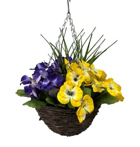 Artificial Hanging Pansy Basket - Yellow/Purple