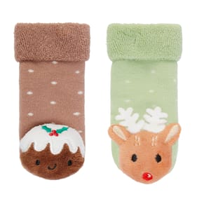 Originals Pudding & Reindeer Baby Rattle Socks - 0-6 Months