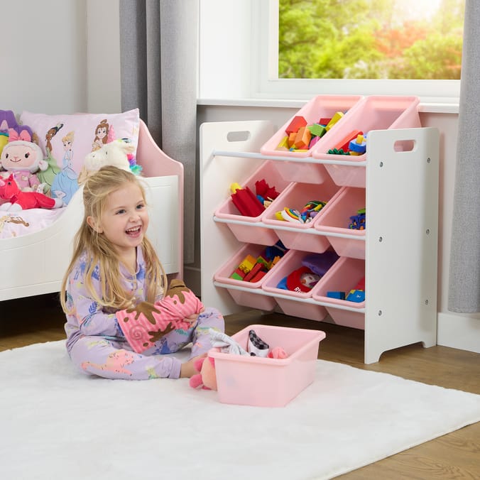 Liberty House Toys Two Tone Toddler Bed and 9 Bin Storage Unit Set - White & Pink