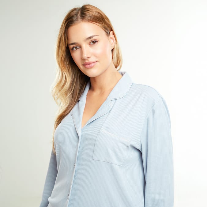 Originals Ladies Blue Ribbed Button Down Pyjama Set