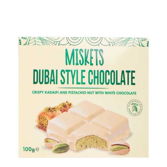 Miskets Dubai Style Chocolate Crispy Kadaifi And Pistachio Nut With White Chocolate Bar 100g