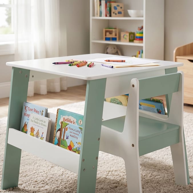 Liberty House Toys Kids Bookshelf Table And Chair - White & Forest Green