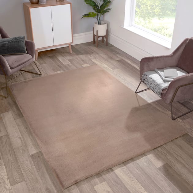 Luxe Plain Faux Fur Rug Beige Home Bargains