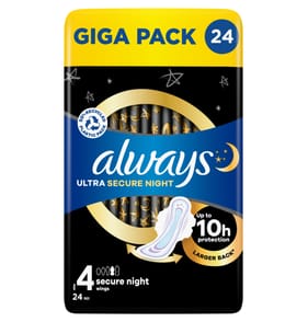 Always Ultra Secure Night Sanitary Towels with Wings 24s - Size 4
