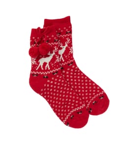 Festive Fun Ladies Pom Pom Socks - Red UK Size 3-7