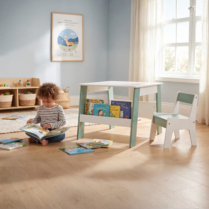 Liberty House Toys Kids Bookshelf Table And Chair - White & Forest Green