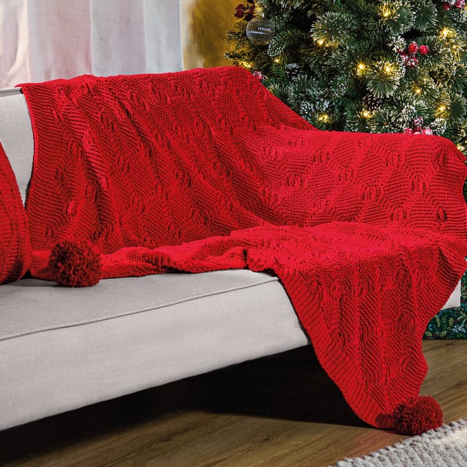  Festive Feeling Chenille Knit Pom Throw - Red