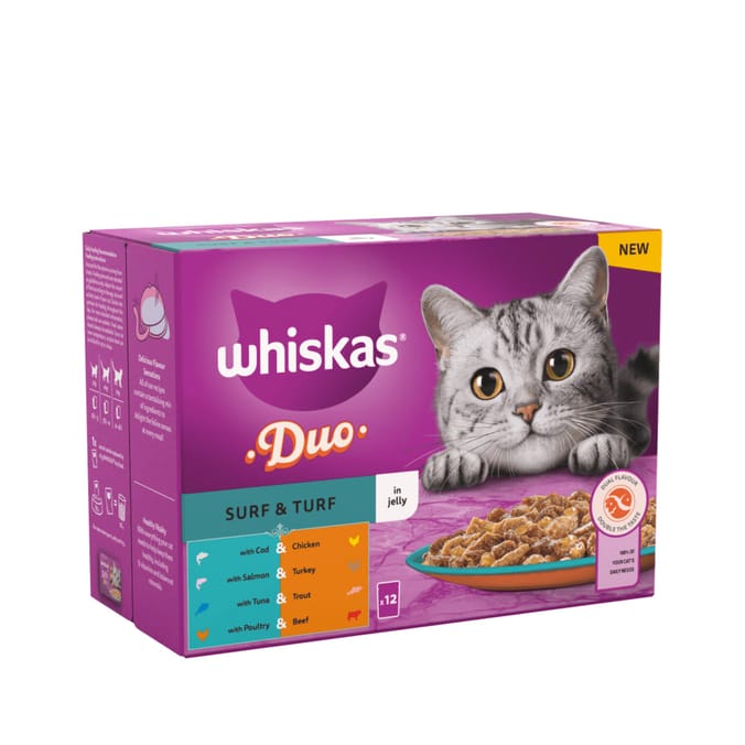 Whiskas Adult 1 Duo Surf and Turf in Jelly Wet Cat Food Pouches 12 x 85g Home Bargains