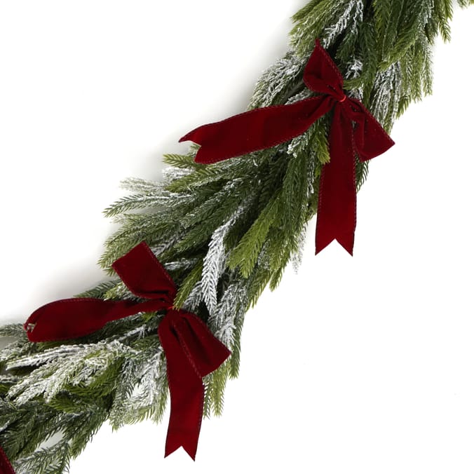 Festive Feeling 6ft Snowy Pine Red Bow Christmas Garland