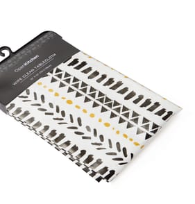 Open Kitchen Wipe Clean Tablecloth - White with Black design and Yellow Dots