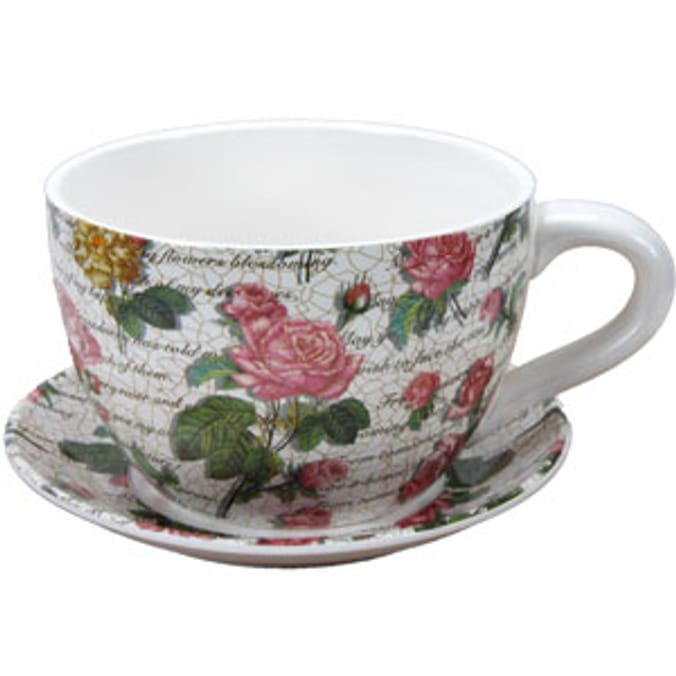 Giant Ceramic Tea Cup and Saucer Planter Floral Rose Home Bargains