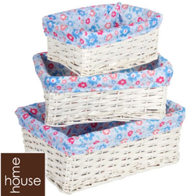 Set of 3 Wicker Storage Baskets Blue Floral drawer holder flowers
