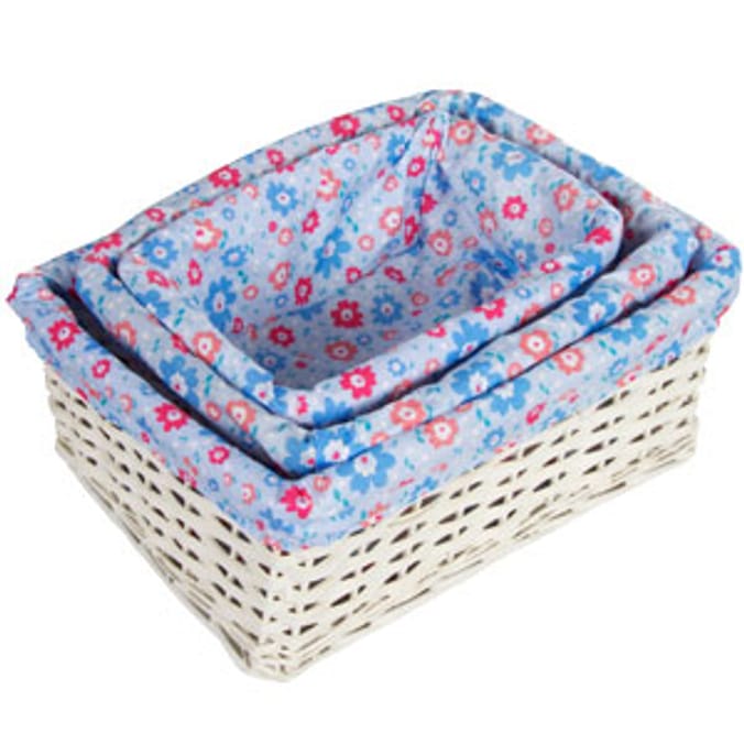 Set of 3 Wicker Storage Baskets Blue Floral drawer holder flowers