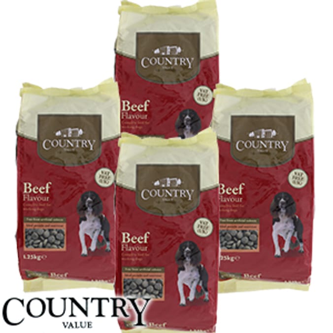 Country Value Dry Dog Food Beef 5kg Case biscuits feed Home Bargains