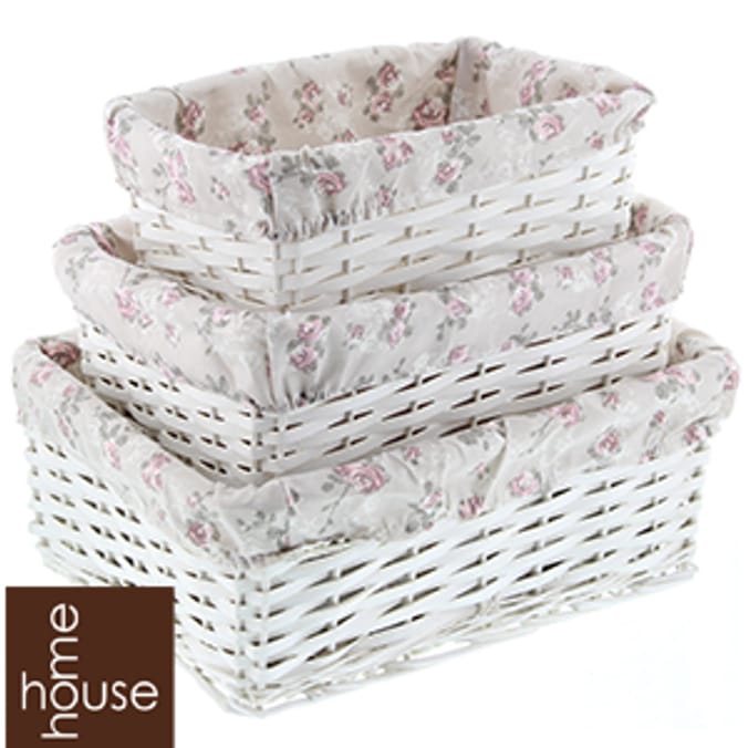 Set of 3 Wicker Storage Baskets Vintage Rose hamper case crates draws