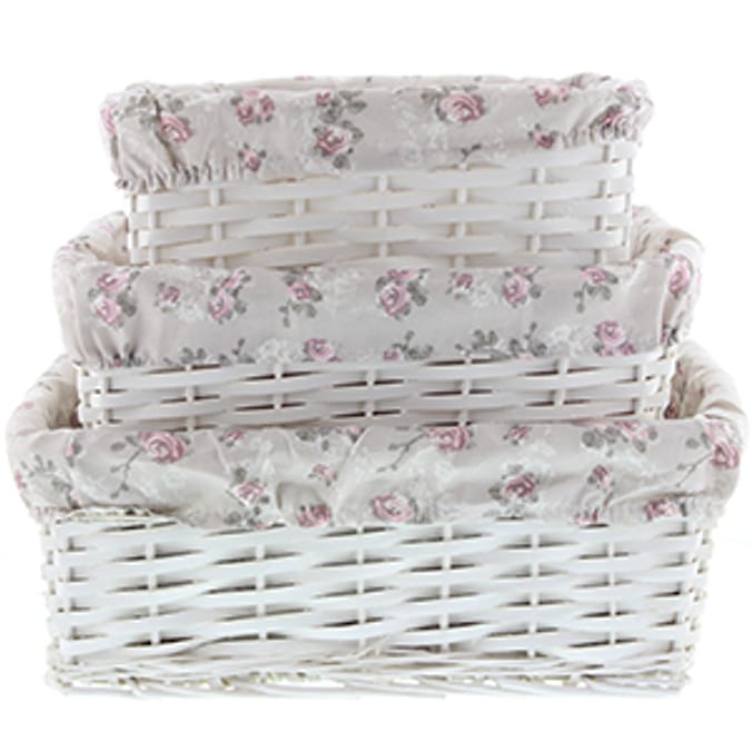 Set of 3 Wicker Storage Baskets Vintage Rose hamper case crates draws