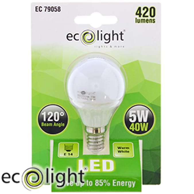 Ecolight E14 Warm White Led energy saving 5w 40w ball Home Bargains