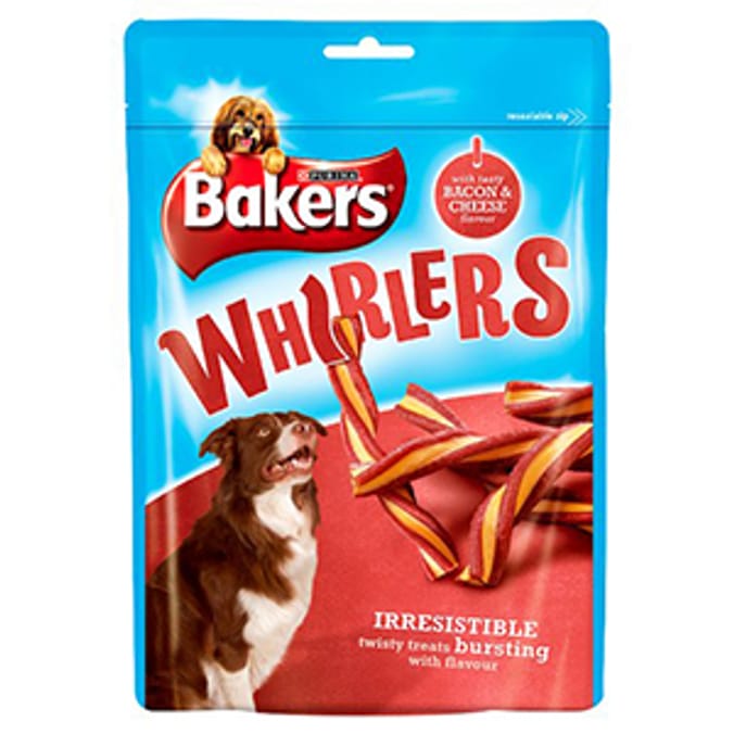 Bakers Whirlers Bacon & Cheese (Case of 6 Bags) puppy dog treats food feed purina Home Bargains