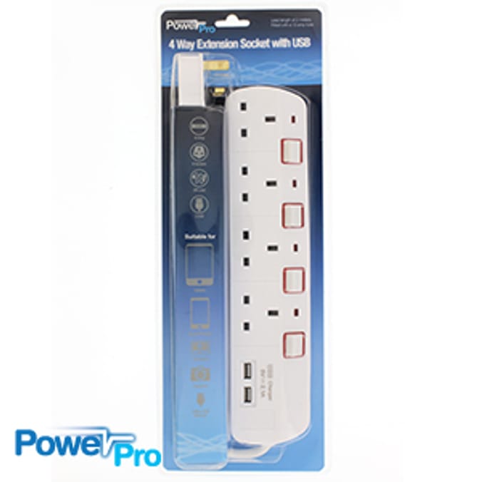 Power Pro 4 Way Extension Socket with USB
