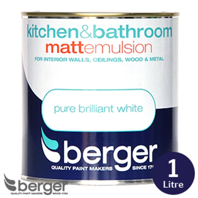 Berger Kitchen & Bathroom Matt Emulsion Brilliant White 1L, paint