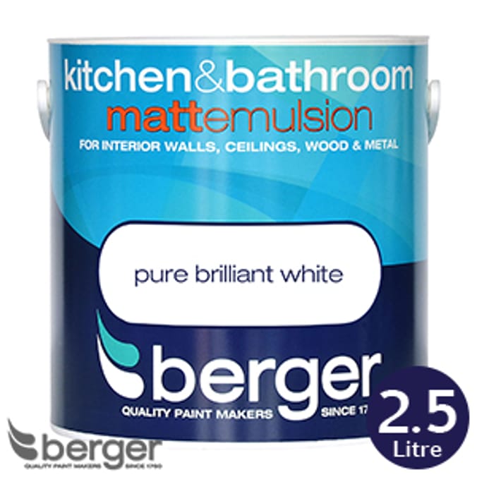 Berger Kitchen & Bathroom Matt Emulsion Brilliant White 2.5L, paint