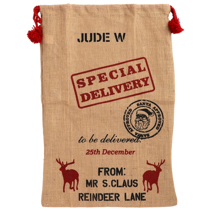 Personalised Special Delivery Hessian Santa Sack gift bag presentation ...