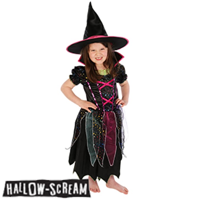 Halloween Colourful Witch Costume dress hat children fancy dress outfit party Home Bargains