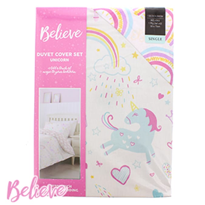 Believe Unicorn Single Duvet Cover and Pillowcase rianbow castle