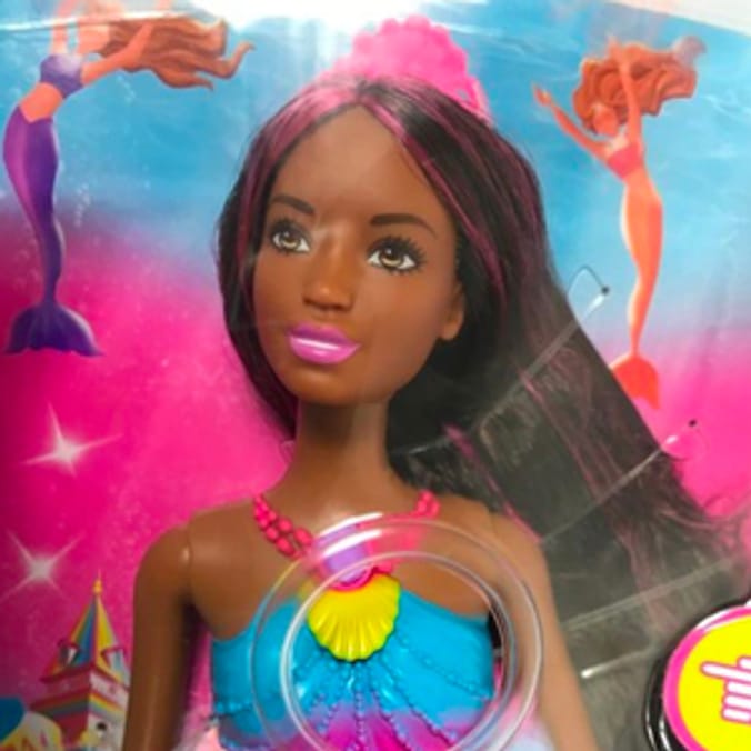 Barbie Dreamtopia Rainbow Lights Mermaid flashing lights tail african american doll black princess glow bath toy Home Bargains