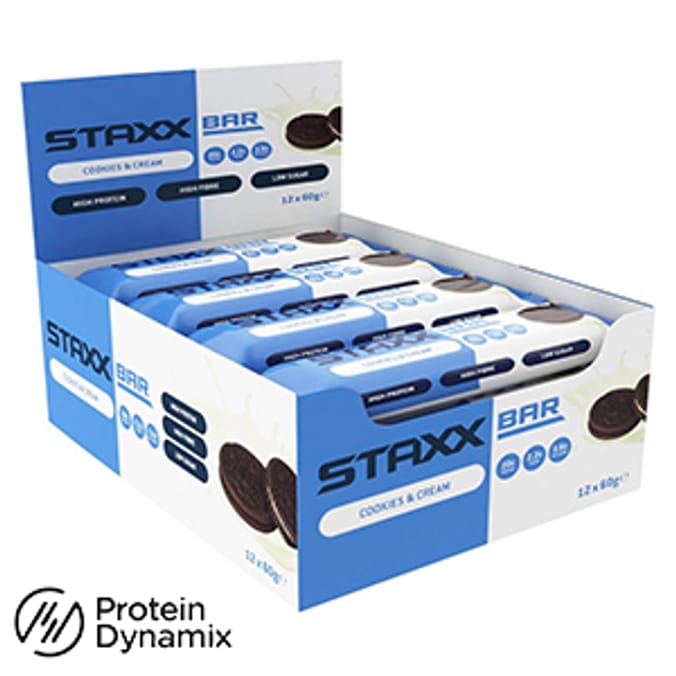 STAXX Protein Bar Cookies & Cream (Case of 12) cookies n cream creme protein dynamix fibre diet