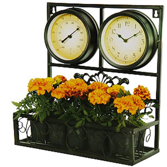 Garden Wall Clock with Thermometer and Flower Box Home Bargains