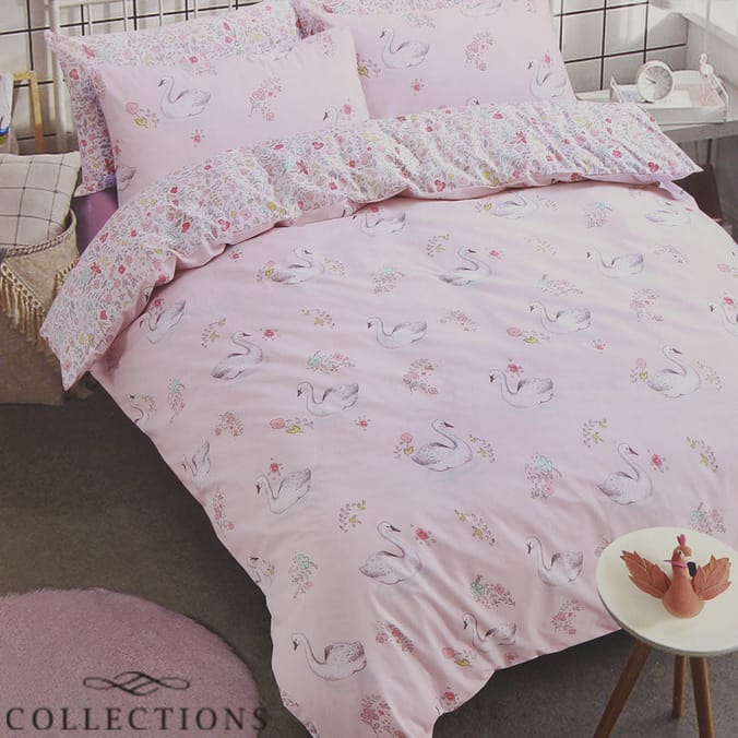 Kids Collection Pink Floral Swan Printed Duvet Set, bedding Home