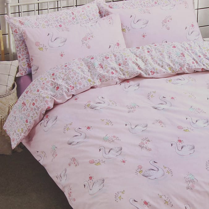 Kids Collection Pink Floral Swan Printed Duvet Set, bedding Home