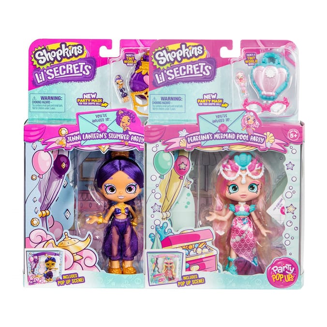 Shopkins Lil Secrets Party Pop Ups Playset Pearlinas mermaid pool party Jenni Lanterns slumber party children playset Home Bargains