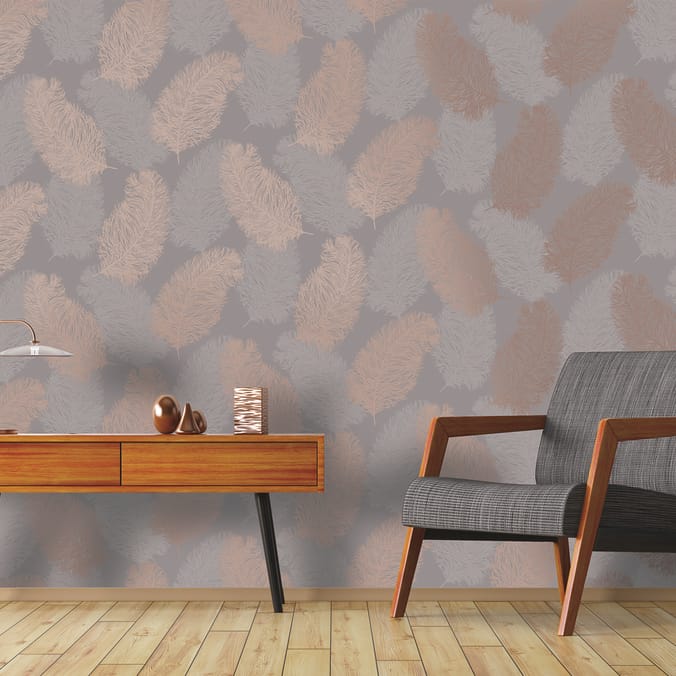K2 Feature Wallpapers Rose Gold/Grey Metallic Plume feather Holden