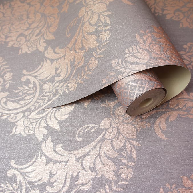 Statement Vinyl Wallcoverings Seleina Damask Rose Gold/Grey Holden