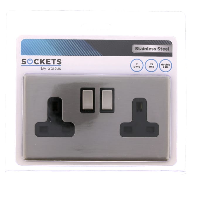 Status 13A Double Socket Stainless Steel switch plate socket plug