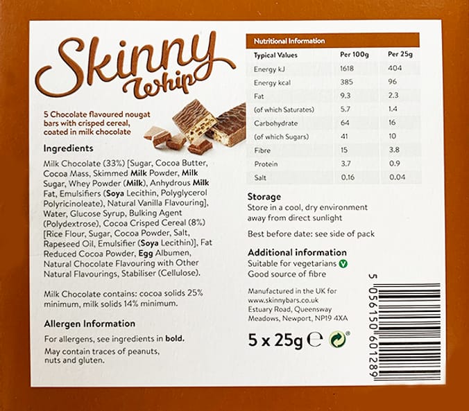 Skinny Whip Snack Bars Double Chocolate (10 x 5 Bars), skinny wips