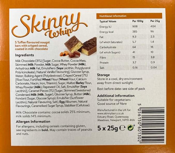 Skinny Whip Toffee Snack Bars (20 x 5 Bars) skinny wips, skiny whip