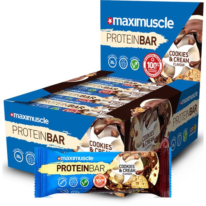Maximuscle Protein Bar Cookies & Cream (12 x 55g Bar), proteins, bars, gym, fitness, snacks