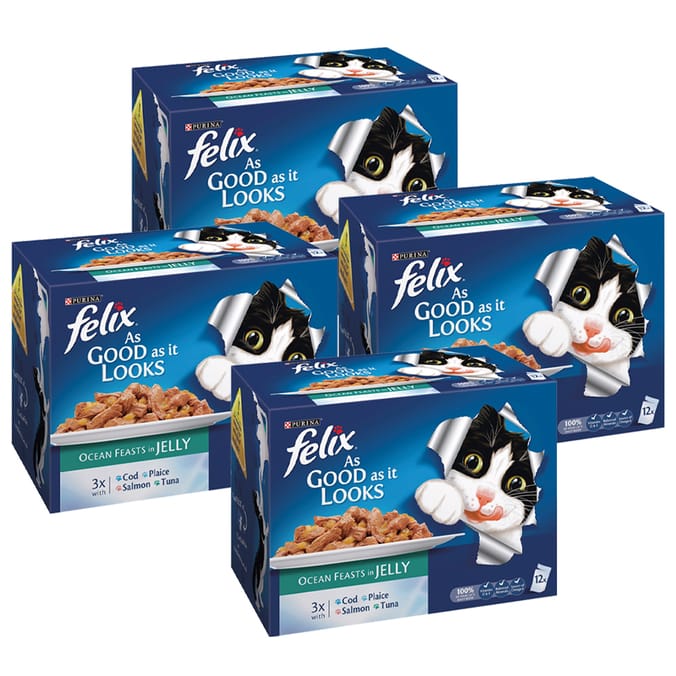 Felix As Good As It Looks Ocean Feasts in Jelly 48 x 100g Pouch cat foods pets meat mixture animals big pet event Home Bargains