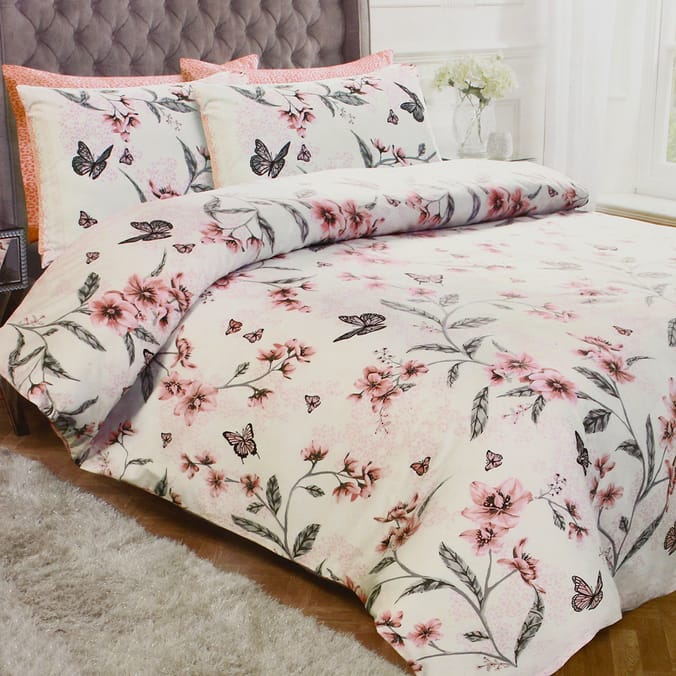 Home Collections Flower Butterflies Printed Duvet Set, bedding double king floral pink Home