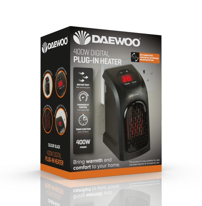 Daewoo 400w Digital Plug In Heater,, portable heaters heating winter fuel  space saving slim small | Home Bargains