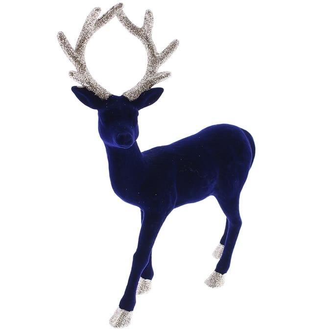 Noel Navy 13" Flocked Velvet Reindeer, Reindeer decoration, Christmas