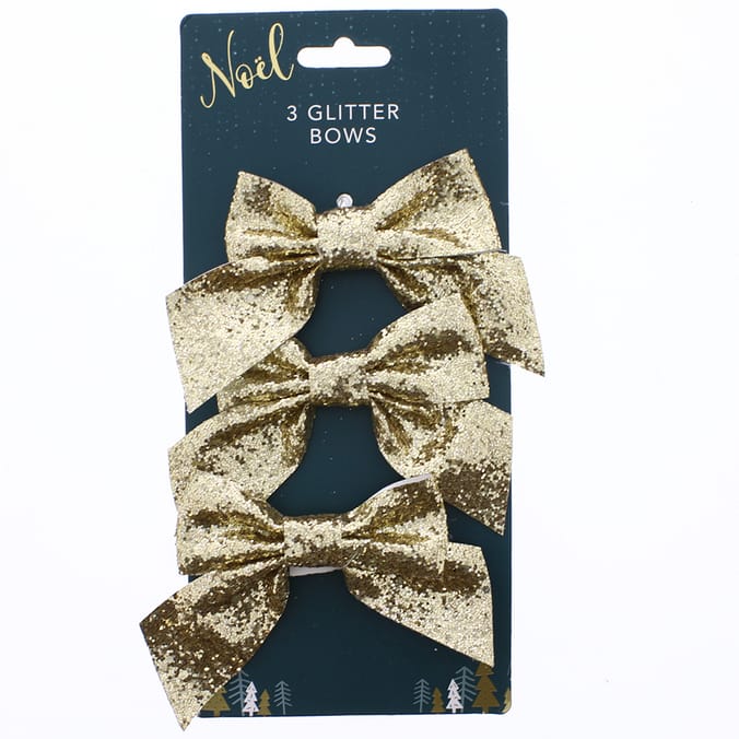 Noel 3 Pack Glitter Bows Gold, tree, Christmas, decoration, festive