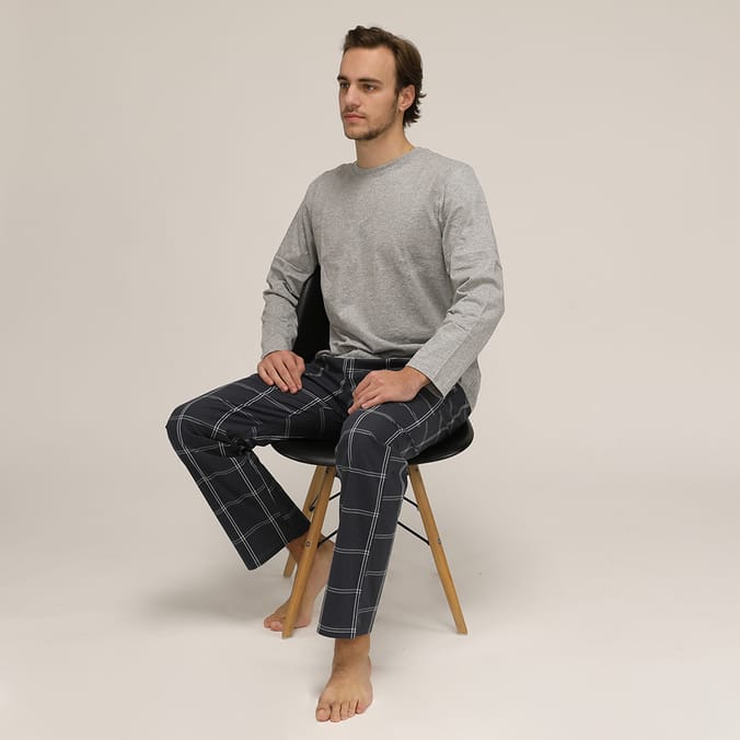 Mens Long Sleeve Top & Long Bottom Pyjamas - Grey