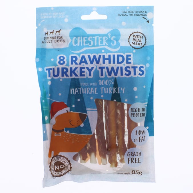 Chester s 8 Rawhide Turkey Twists Case of 12 dog treats Christmas gift pet doggy snack 10470398 Home Bargains