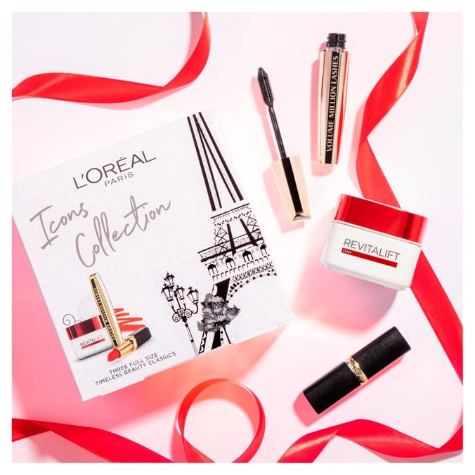 L'Oreal Paris Icons Collection, lipsticks red mascara black creams face