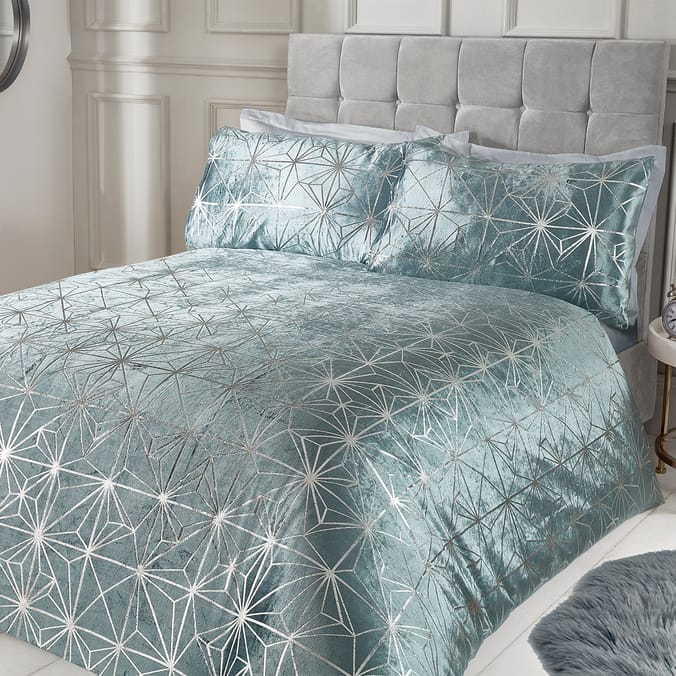 Sleepdown Foil Printed Geo Crushed Blue Velvet Luxury Duvet Set