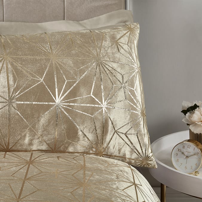 Sleepdown Foil Printed Geo Crushed Gold Velvet Luxury Duvet Set